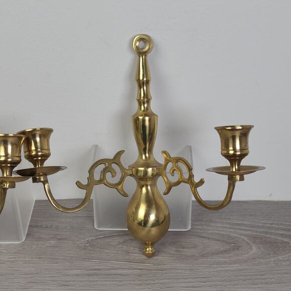Solid Brass Ornate Wall Sconce Double Candlestick Holders Set of 2 - Picture 3 of 10
